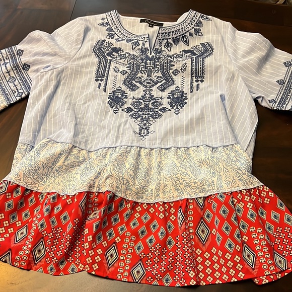 Calessa Patchwork Embroidered Split Round Neck 3/4 Tiered Ruffle Sleeve Tunic - Picture 10 of 11